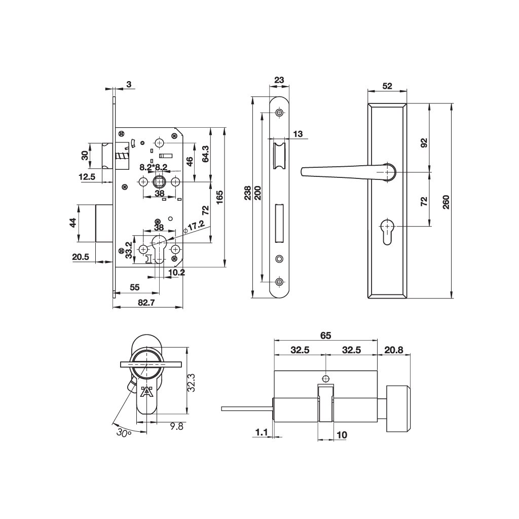 Bộ tay nắm đế dài kiểu Oval (tay nắm - thân khóa - ruột)