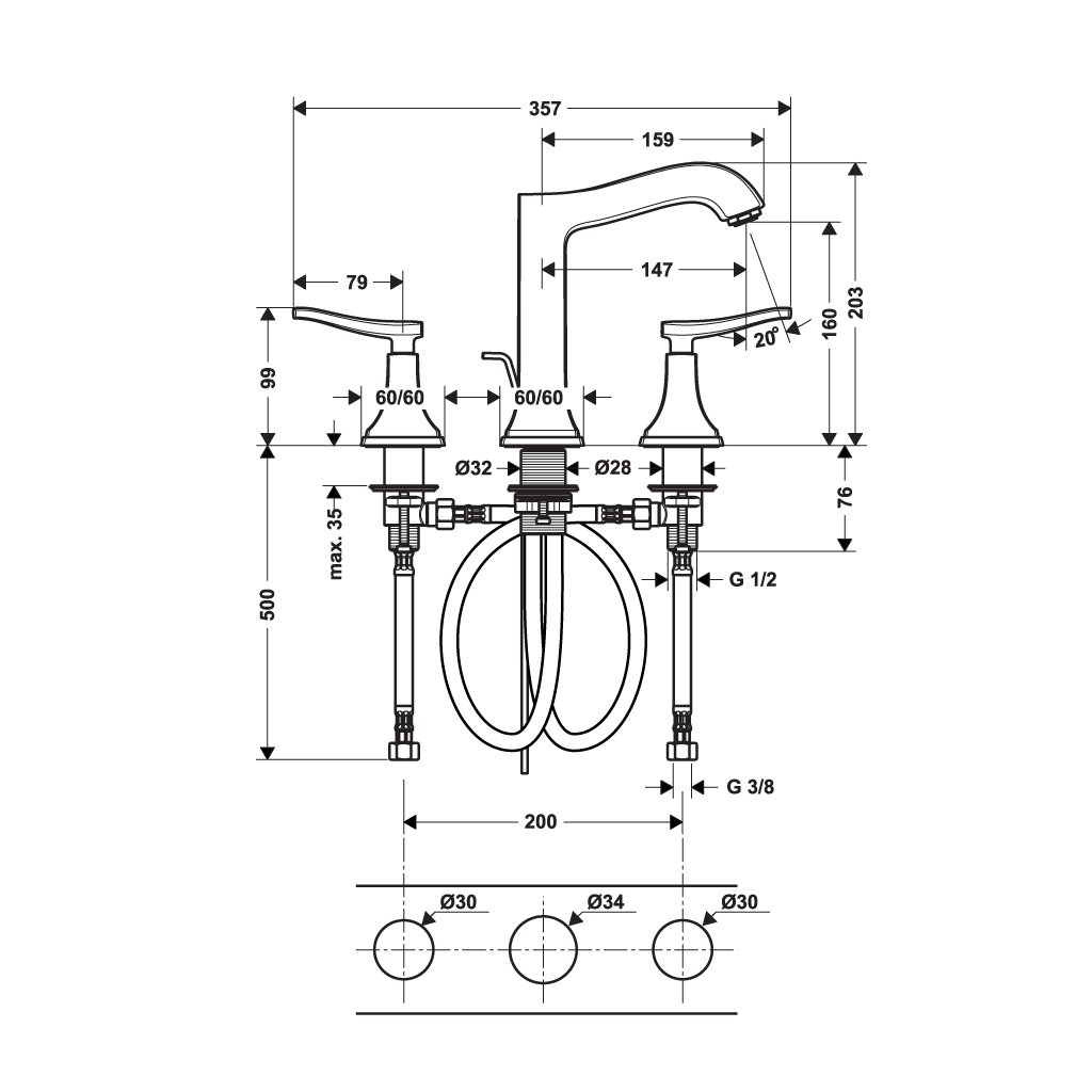 Vòi chậu rửa 3 lỗ Metropol Classic 160