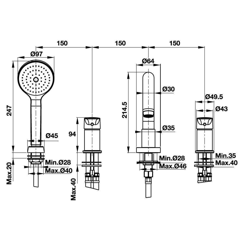 Bộ trộn bồn tắm 4 lỗ ACTIVE