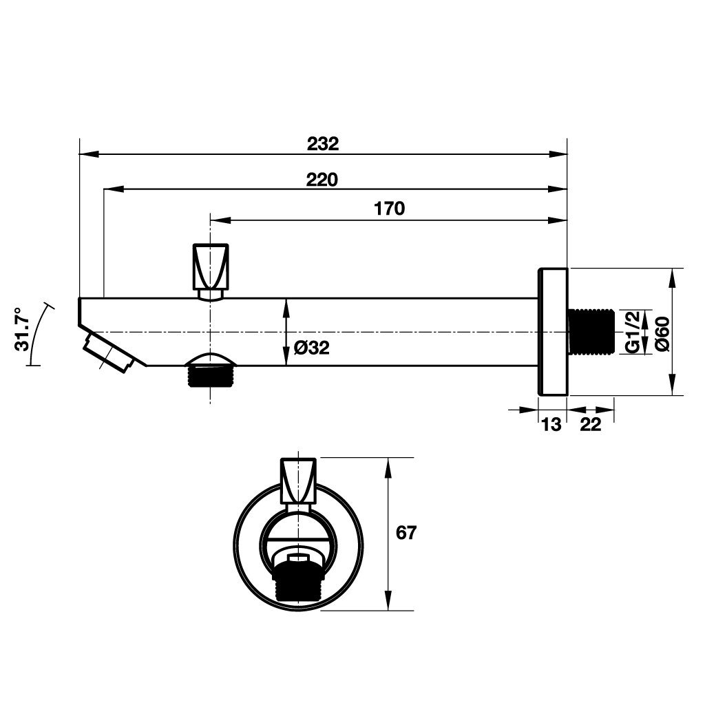Vòi xả bồn tắm REGAL 232 mm có đầu chuyển đường nước