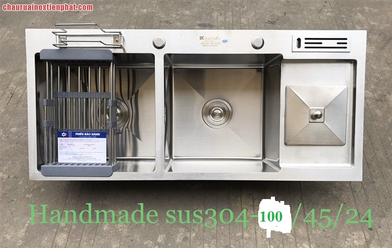 Chậu rửa bát hai hố cân inox 304, có bàn cài dao-thớt, hố rác