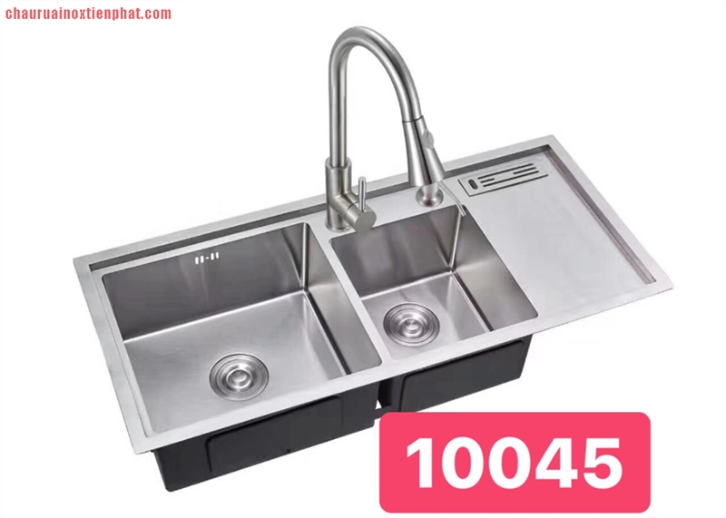 Chậu hai hố lệch có bàn bậc thang, có bàn inox 304
